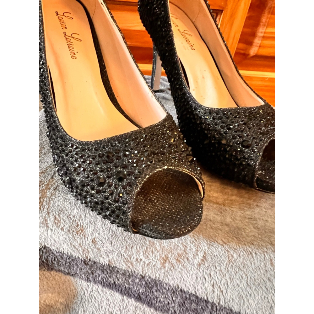 Women's Lauren Lorraine Embellished Peep Toe Heels Black Size 8 - Picture 3 of 11